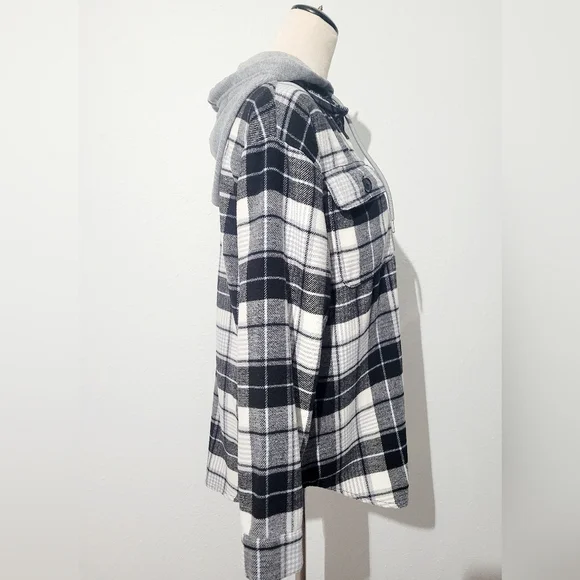 Women’s Plaid Hooded Shacket Jacket Button Up Gray Black Size Medium - Picture 5 of 11
